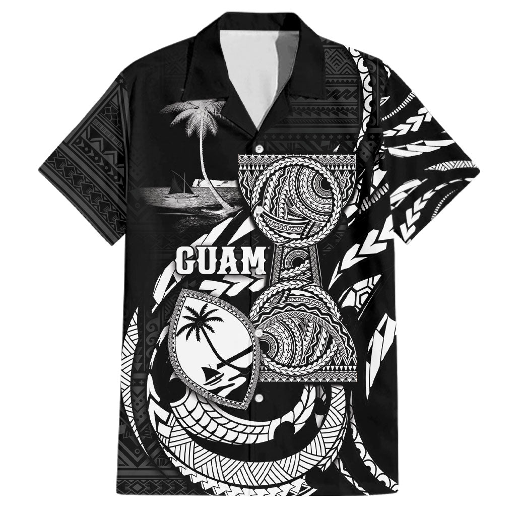 Personalised Guam Liberation Day Family Matching Puletasi and Hawaiian Shirt Black White Latte Stone Tribal Patterns