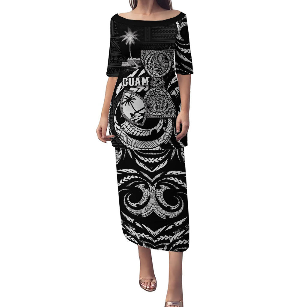 Personalised Guam Liberation Day Family Matching Puletasi and Hawaiian Shirt Black White Latte Stone Tribal Patterns