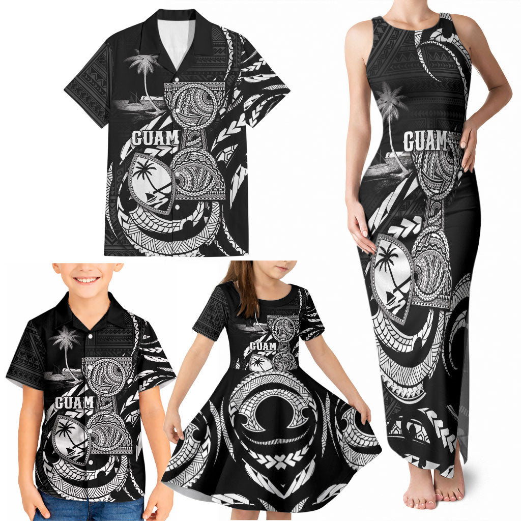 Personalised Guam Liberation Day Family Matching Tank Maxi Dress and Hawaiian Shirt Black White Latte Stone Tribal Patterns DT05 - Polynesian Pride