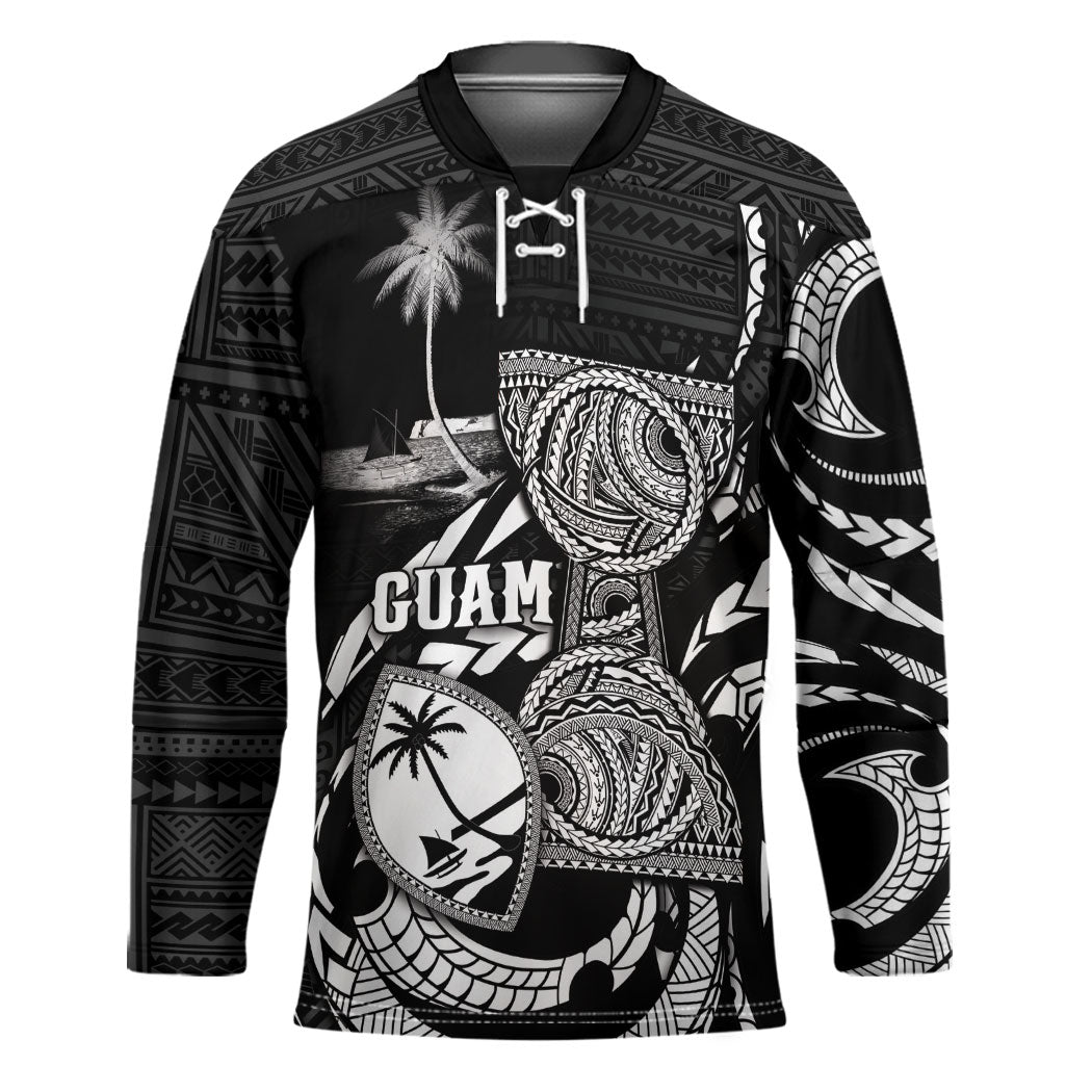 Personalised Guam Liberation Day Hockey Jersey Black White Latte Stone Tribal Patterns DT05 Unisex Black - Polynesian Pride