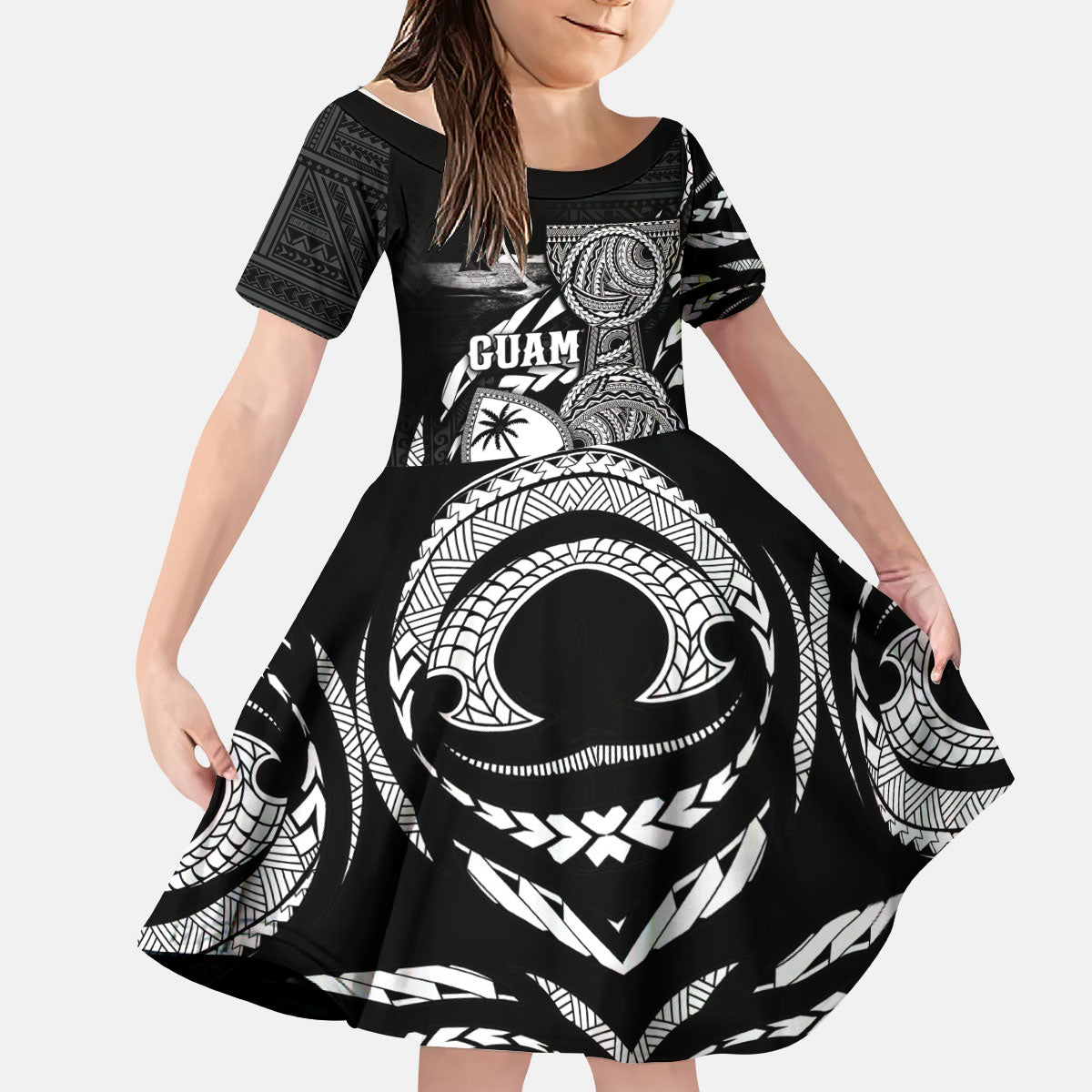 Personalised Guam Liberation Day Kid Short Sleeve Dress Black White Latte Stone Tribal Patterns DT05 KID Black - Polynesian Pride