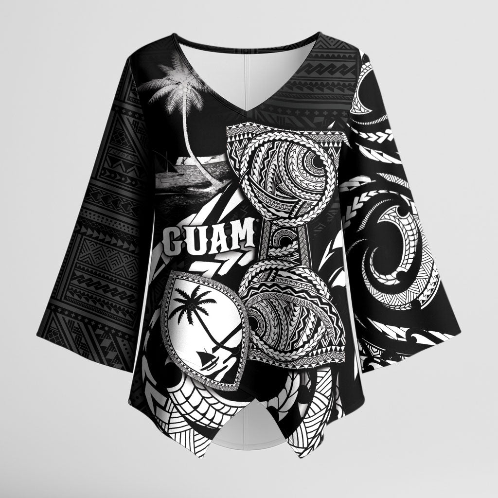 Personalised Guam Liberation Day Kimono Sleeve Blouse Black White Latte Stone Tribal Patterns DT05 Female Black - Polynesian Pride