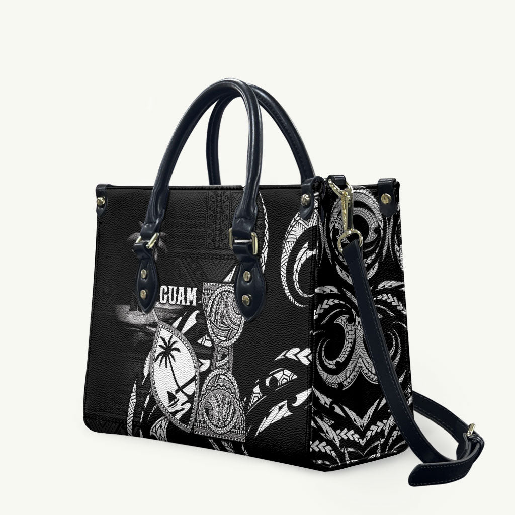 Guam Liberation Day Leather Bag Black White Latte Stone Tribal Patterns DT05 Black - Polynesian Pride