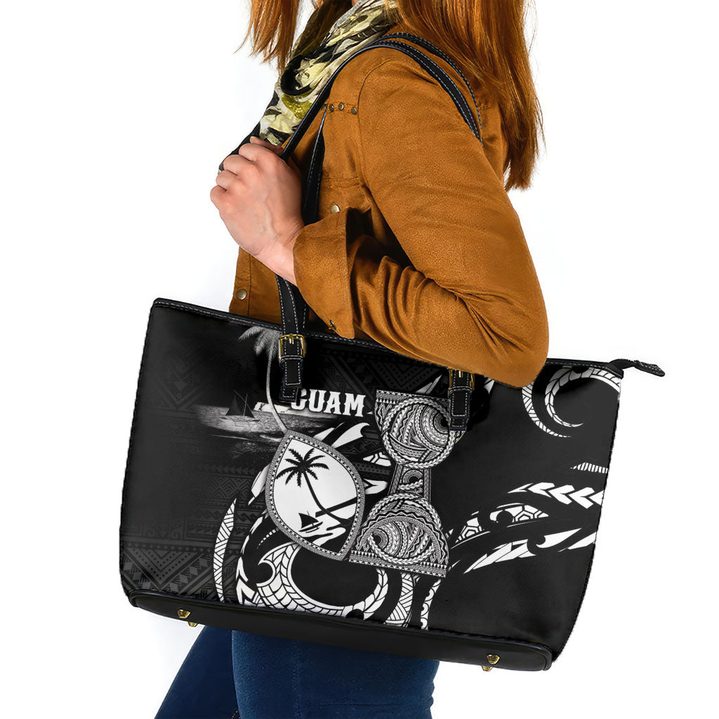 Guam Liberation Day Leather Tote Bag Black White Latte Stone Tribal Patterns DT05 Black - Polynesian Pride