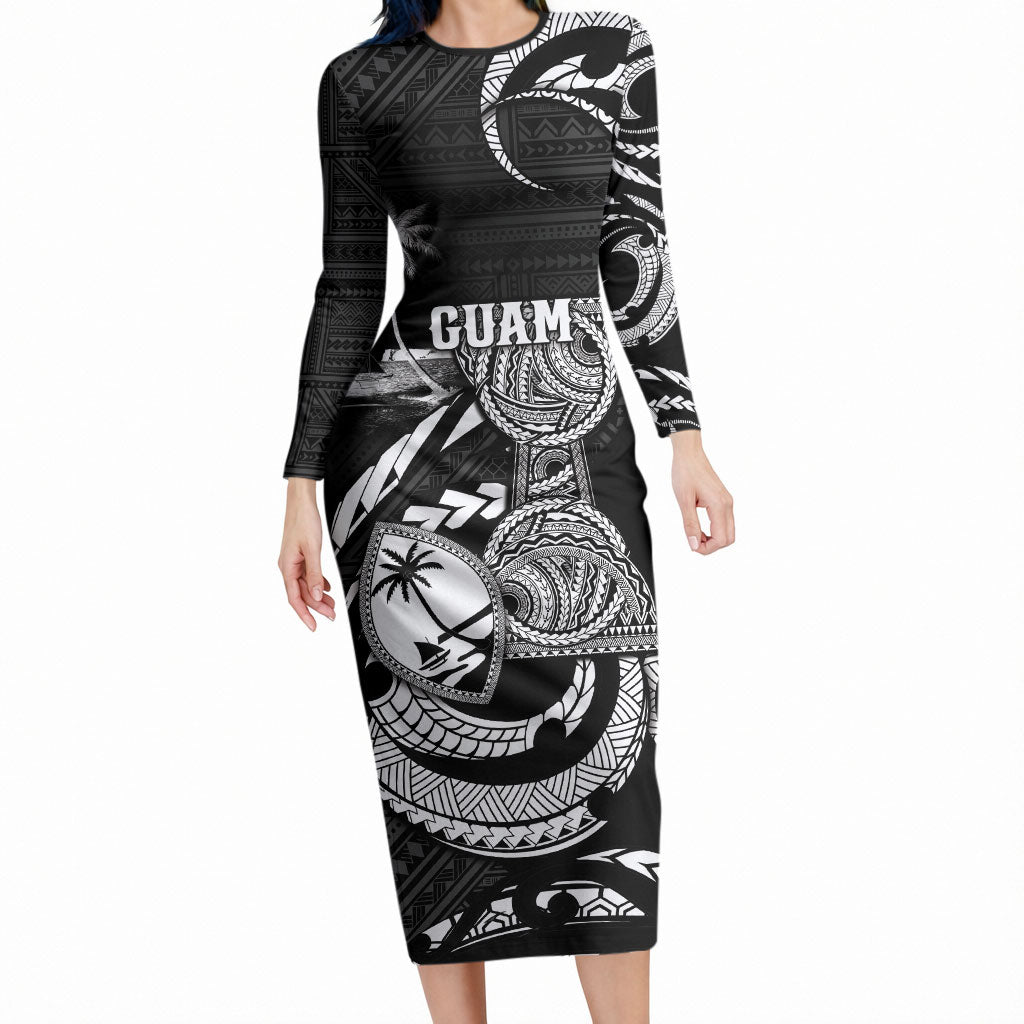 Personalised Guam Liberation Day Long Sleeve Bodycon Dress Black White Latte Stone Tribal Patterns DT05 Long Dress Black - Polynesian Pride