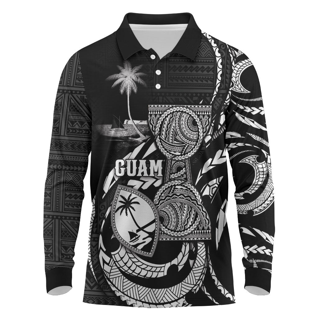 Personalised Guam Liberation Day Long Sleeve Polo Shirt Black White Latte Stone Tribal Patterns DT05 Black - Polynesian Pride