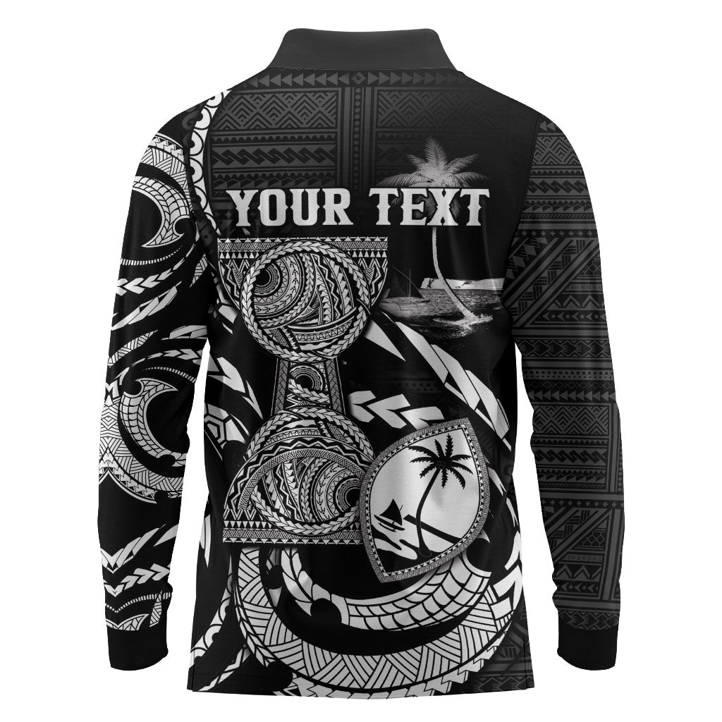 Personalised Guam Liberation Day Long Sleeve Polo Shirt Black White Latte Stone Tribal Patterns DT05 - Polynesian Pride