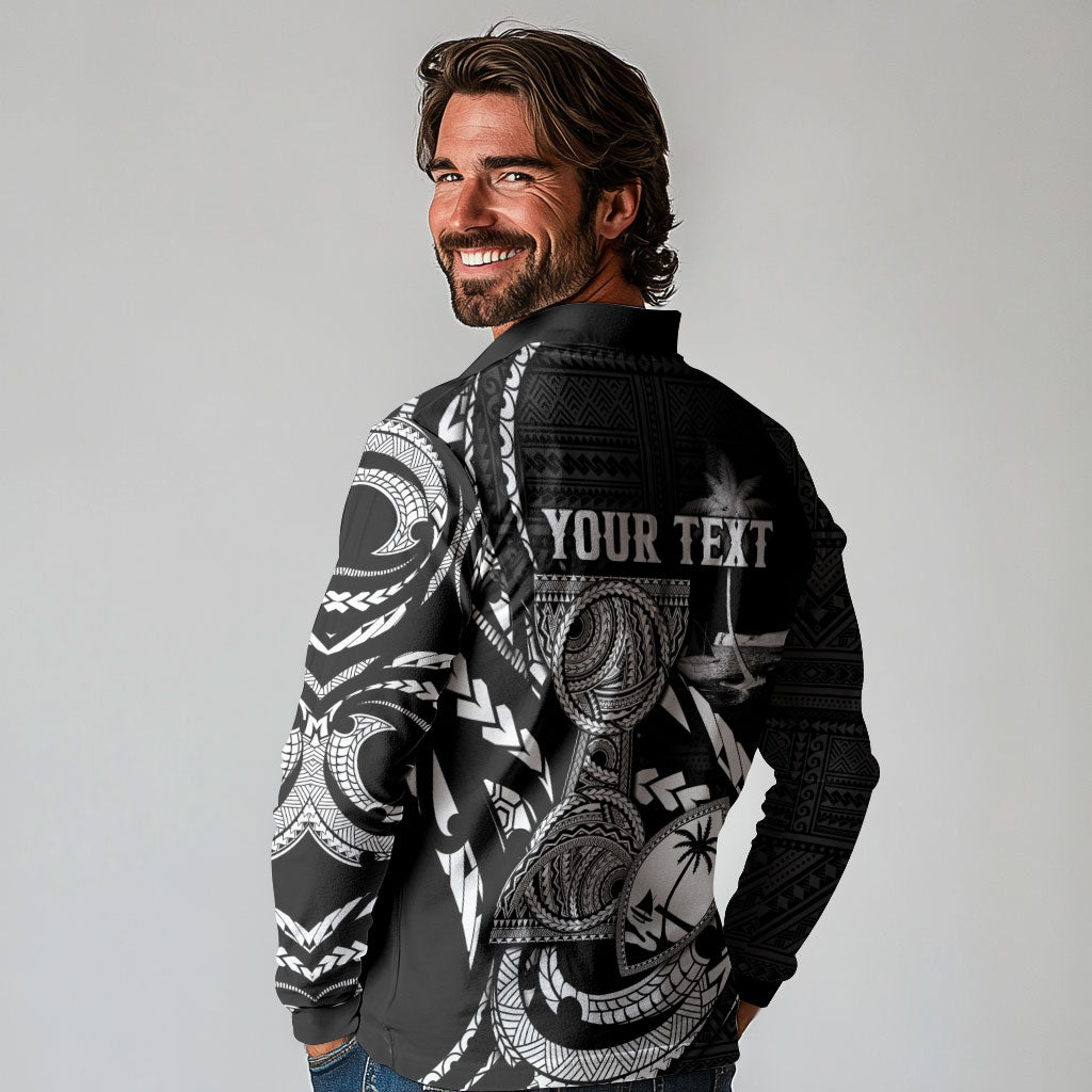 Personalised Guam Liberation Day Long Sleeve Polo Shirt Black White Latte Stone Tribal Patterns DT05 - Polynesian Pride