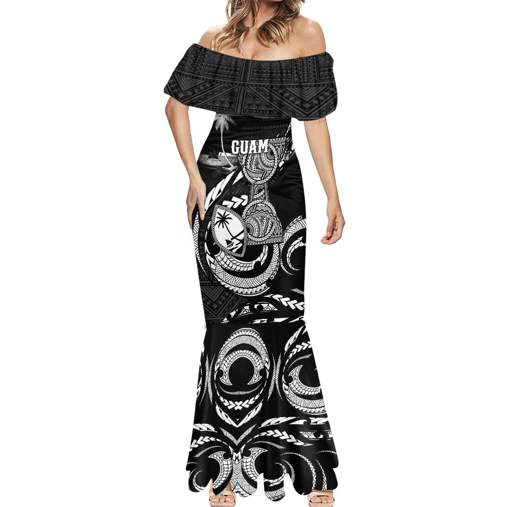 Personalised Guam Liberation Day Mermaid Dress Black White Latte Stone Tribal Patterns DT05 - Polynesian Pride