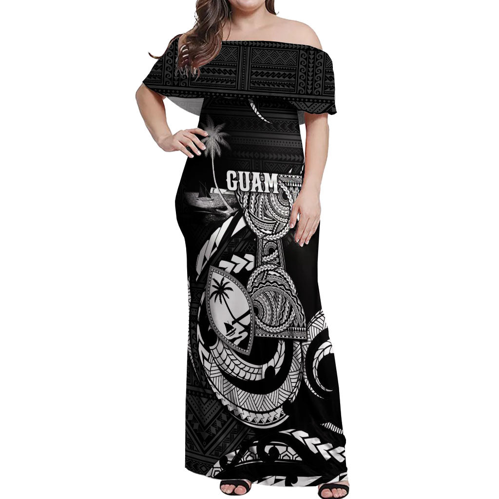 Personalised Guam Liberation Day Off Shoulder Maxi Dress Black White Latte Stone Tribal Patterns DT05 Women Black - Polynesian Pride