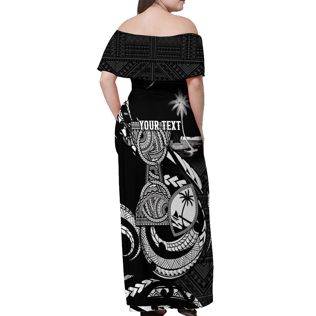 Personalised Guam Liberation Day Off Shoulder Maxi Dress Black White Latte Stone Tribal Patterns DT05 - Polynesian Pride