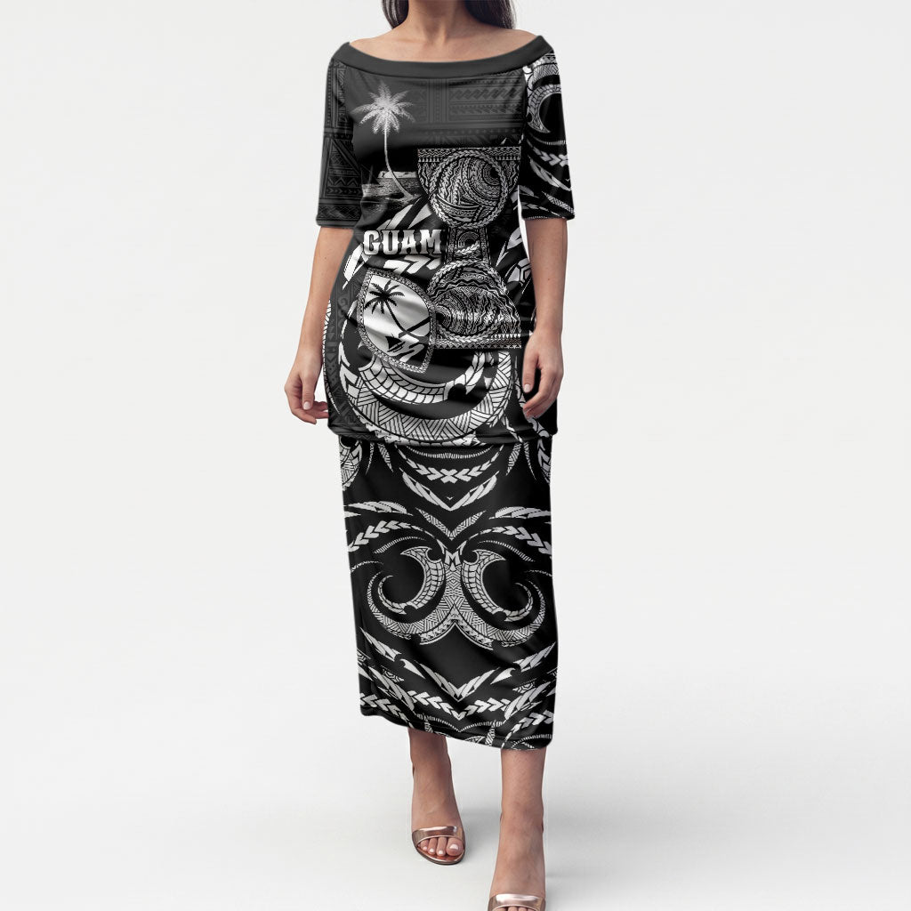 Personalised Guam Liberation Day Puletasi Black White Latte Stone Tribal Patterns DT05 Long Dress Black - Polynesian Pride