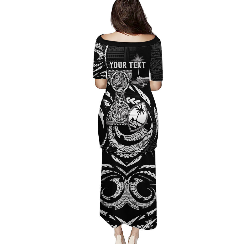 Personalised Guam Liberation Day Puletasi Black White Latte Stone Tribal Patterns