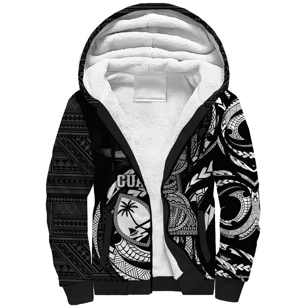 Personalised Guam Liberation Day Sherpa Hoodie Black White Latte Stone Tribal Patterns DT05 Unisex Black - Polynesian Pride