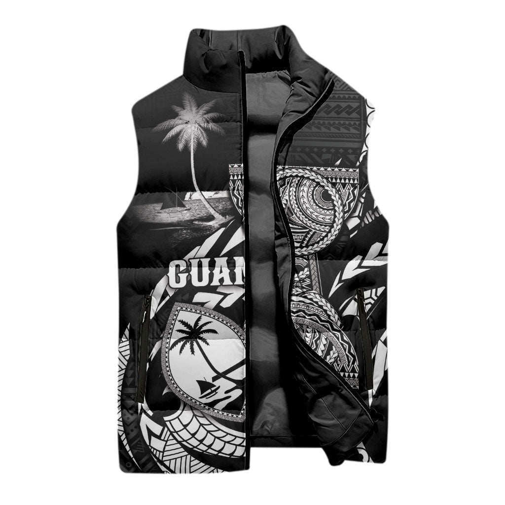 Personalised Guam Liberation Day Sleeveless Puffer Jacket Black White Latte Stone Tribal Patterns
