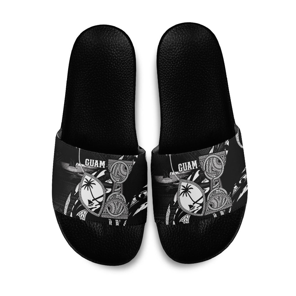 Guam Liberation Day Slide Sandals Black White Latte Stone Tribal Patterns DT05 Black - Polynesian Pride