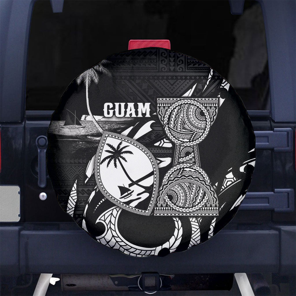 Guam Liberation Day Spare Tire Cover Black White Latte Stone Tribal Patterns DT05 No hole Black - Polynesian Pride