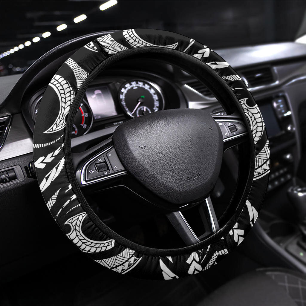 Guam Liberation Day Steering Wheel Cover Black White Latte Stone Tribal Patterns DT05 Universal Fit Black - Polynesian Pride
