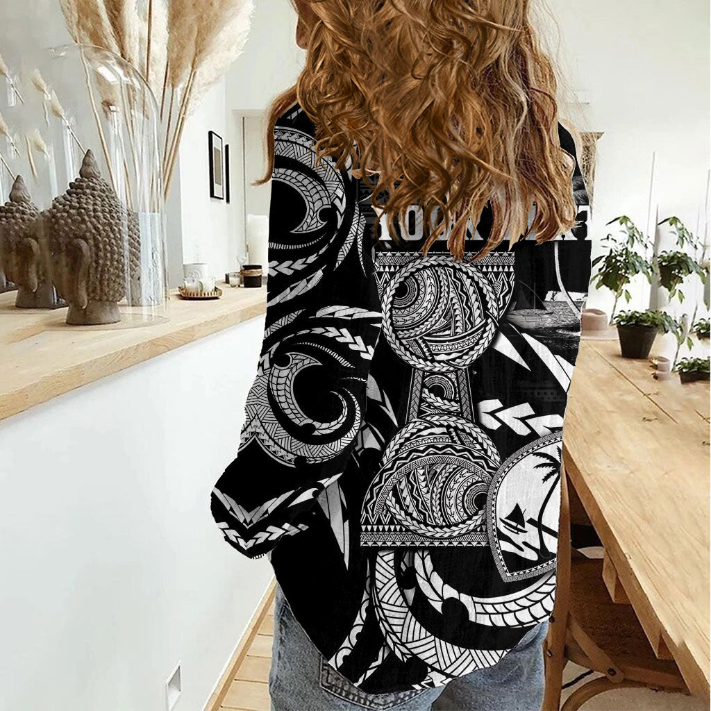 Personalised Guam Liberation Day Women Casual Shirt Black White Latte Stone Tribal Patterns DT05 - Polynesian Pride