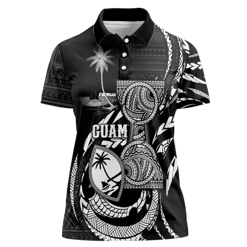 Personalised Guam Liberation Day Women Polo Shirt Black White Latte Stone Tribal Patterns DT05 Female Black - Polynesian Pride