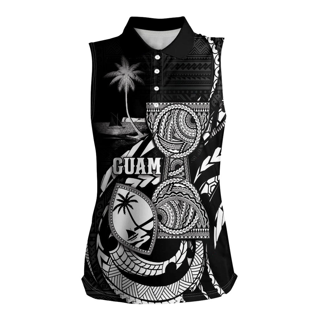 Personalised Guam Liberation Day Women Sleeveless Polo Shirt Black White Latte Stone Tribal Patterns DT05 Female Black - Polynesian Pride