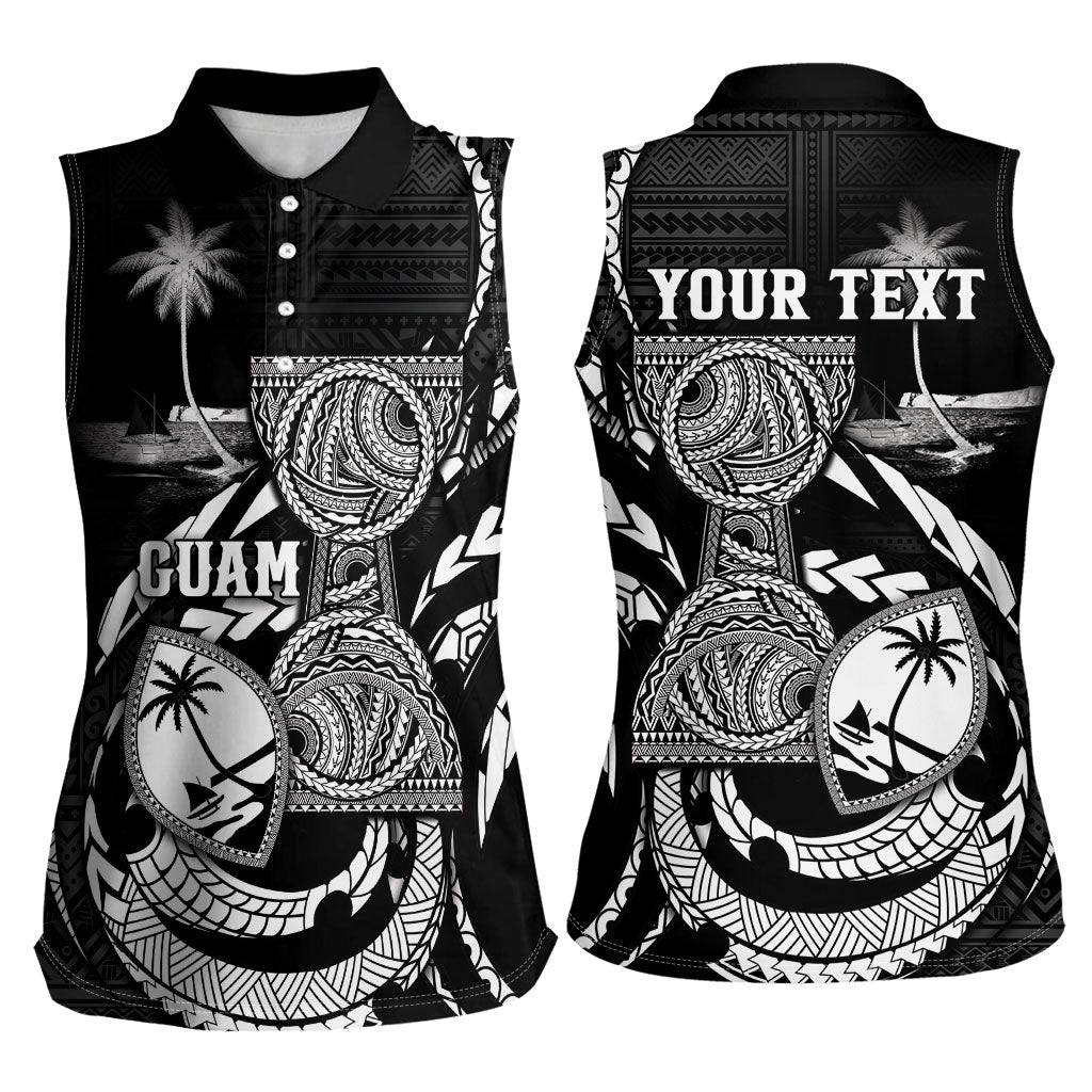 Personalised Guam Liberation Day Women Sleeveless Polo Shirt Black White Latte Stone Tribal Patterns DT05 - Polynesian Pride