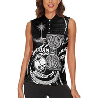 Personalised Guam Liberation Day Women Sleeveless Polo Shirt Black White Latte Stone Tribal Patterns DT05 - Polynesian Pride