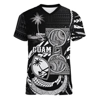 Personalised Guam Liberation Day Women V-Neck T-Shirt Black White Latte Stone Tribal Patterns DT05 Female Black - Polynesian Pride