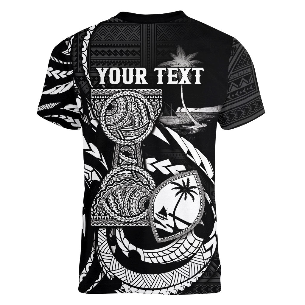 Personalised Guam Liberation Day Women V-Neck T-Shirt Black White Latte Stone Tribal Patterns DT05 - Polynesian Pride