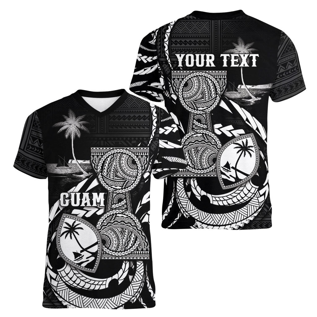 Personalised Guam Liberation Day Women V-Neck T-Shirt Black White Latte Stone Tribal Patterns DT05 - Polynesian Pride