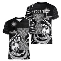 Personalised Guam Liberation Day Women V-Neck T-Shirt Black White Latte Stone Tribal Patterns DT05 - Polynesian Pride