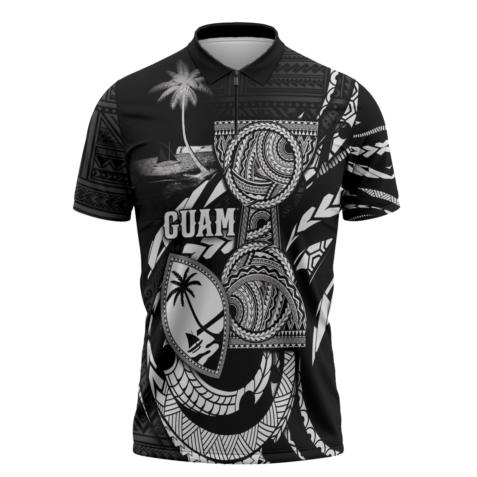 Personalised Guam Liberation Day Zipper Polo Shirt Black White Latte Stone Tribal Patterns DT05 Black - Polynesian Pride