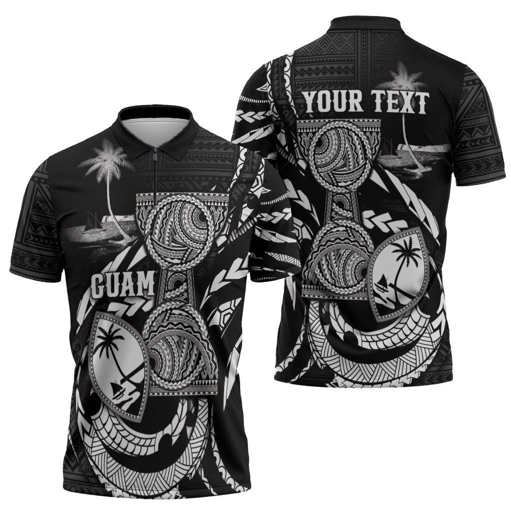 Personalised Guam Liberation Day Zipper Polo Shirt Black White Latte Stone Tribal Patterns DT05 - Polynesian Pride