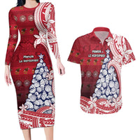 American Samoa Christmas Couples Matching Long Sleeve Bodycon Dress and Hawaiian Shirt Seashell Xmas Tree Tribal Waves DT05 Red - Polynesian Pride