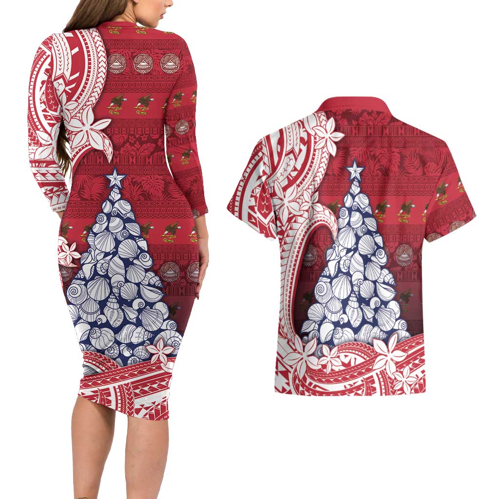 American Samoa Christmas Couples Matching Long Sleeve Bodycon Dress and Hawaiian Shirt Seashell Xmas Tree Tribal Waves DT05 - Polynesian Pride