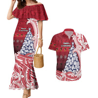 American Samoa Christmas Couples Matching Mermaid Dress and Hawaiian Shirt Seashell Xmas Tree Tribal Waves DT05 Red - Polynesian Pride
