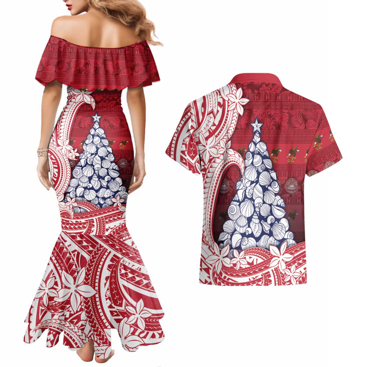 American Samoa Christmas Couples Matching Mermaid Dress and Hawaiian Shirt Seashell Xmas Tree Tribal Waves DT05 - Polynesian Pride