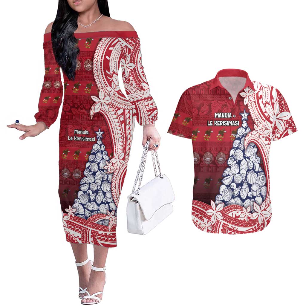 American Samoa Christmas Couples Matching Off The Shoulder Long Sleeve Dress and Hawaiian Shirt Seashell Xmas Tree Tribal Waves DT05 Red - Polynesian Pride