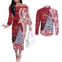 American Samoa Christmas Couples Matching Off The Shoulder Long Sleeve Dress and Long Sleeve Button Shirt Seashell Xmas Tree Tribal Waves DT05 Red - Polynesian Pride