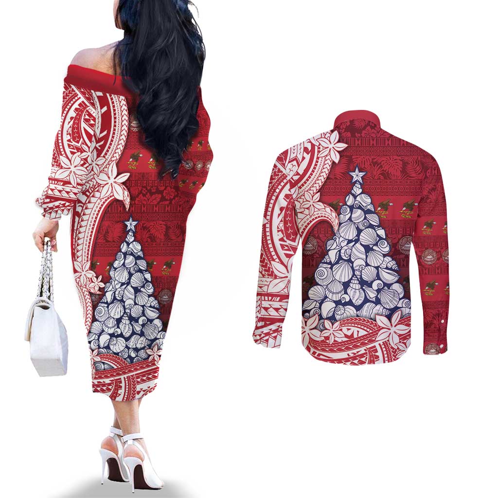 American Samoa Christmas Couples Matching Off The Shoulder Long Sleeve Dress and Long Sleeve Button Shirt Seashell Xmas Tree Tribal Waves DT05 - Polynesian Pride