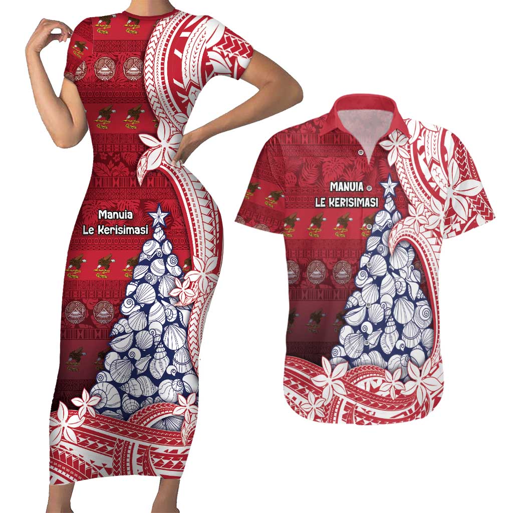 American Samoa Christmas Couples Matching Short Sleeve Bodycon Dress and Hawaiian Shirt Seashell Xmas Tree Tribal Waves DT05 Red - Polynesian Pride