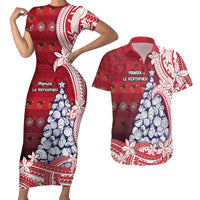 American Samoa Christmas Couples Matching Short Sleeve Bodycon Dress and Hawaiian Shirt Seashell Xmas Tree Tribal Waves DT05 Red - Polynesian Pride