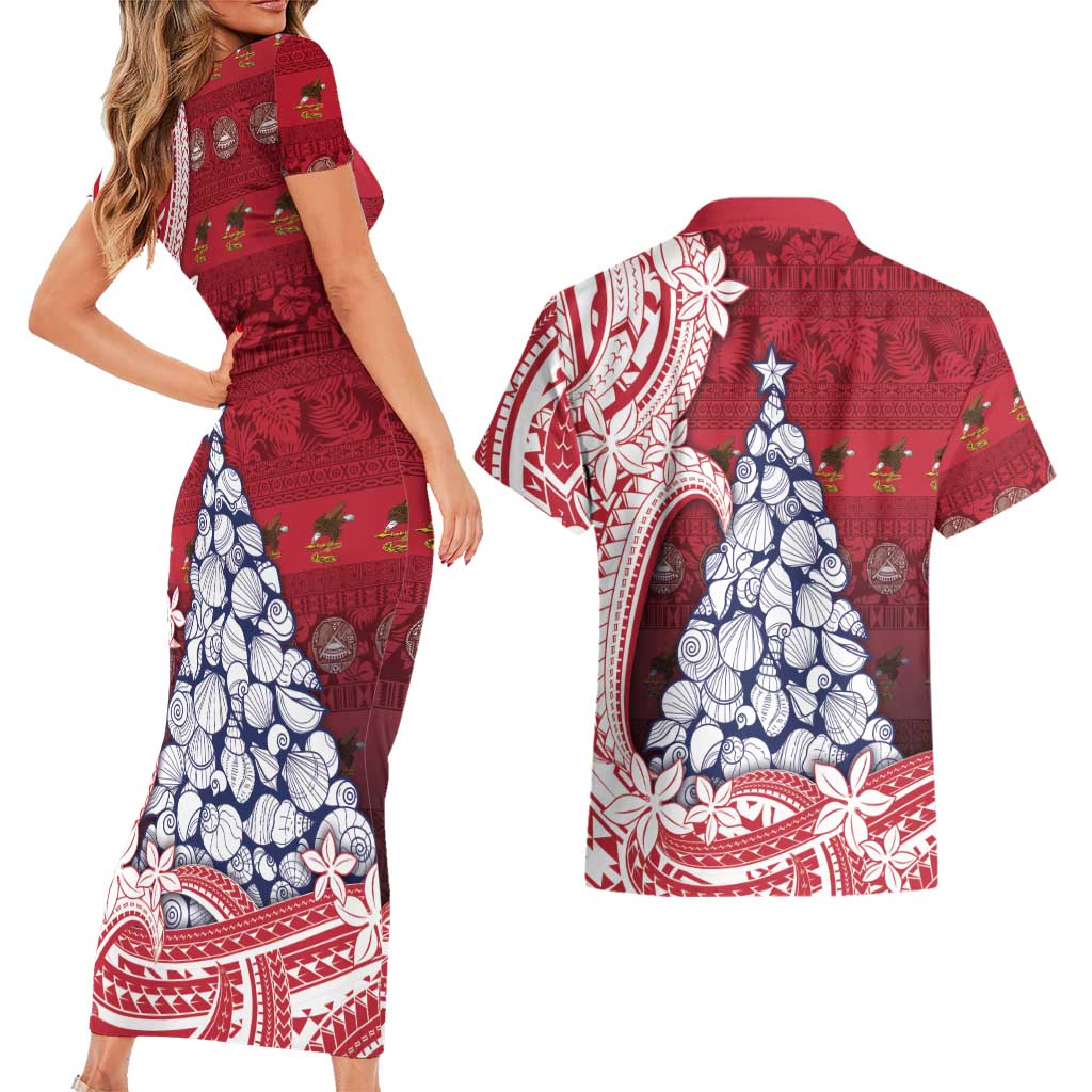 American Samoa Christmas Couples Matching Short Sleeve Bodycon Dress and Hawaiian Shirt Seashell Xmas Tree Tribal Waves DT05 - Polynesian Pride