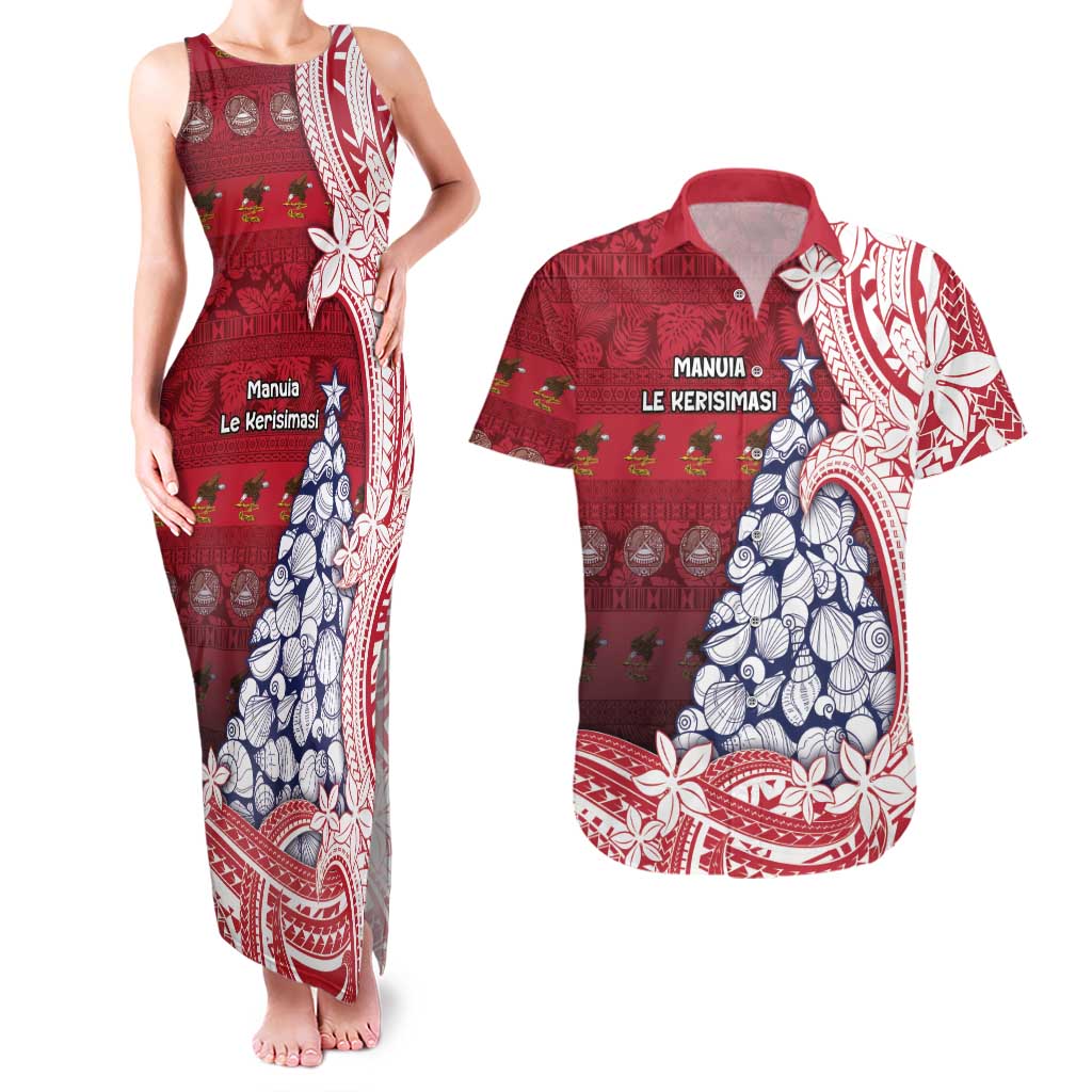American Samoa Christmas Couples Matching Tank Maxi Dress and Hawaiian Shirt Seashell Xmas Tree Tribal Waves DT05 Red - Polynesian Pride