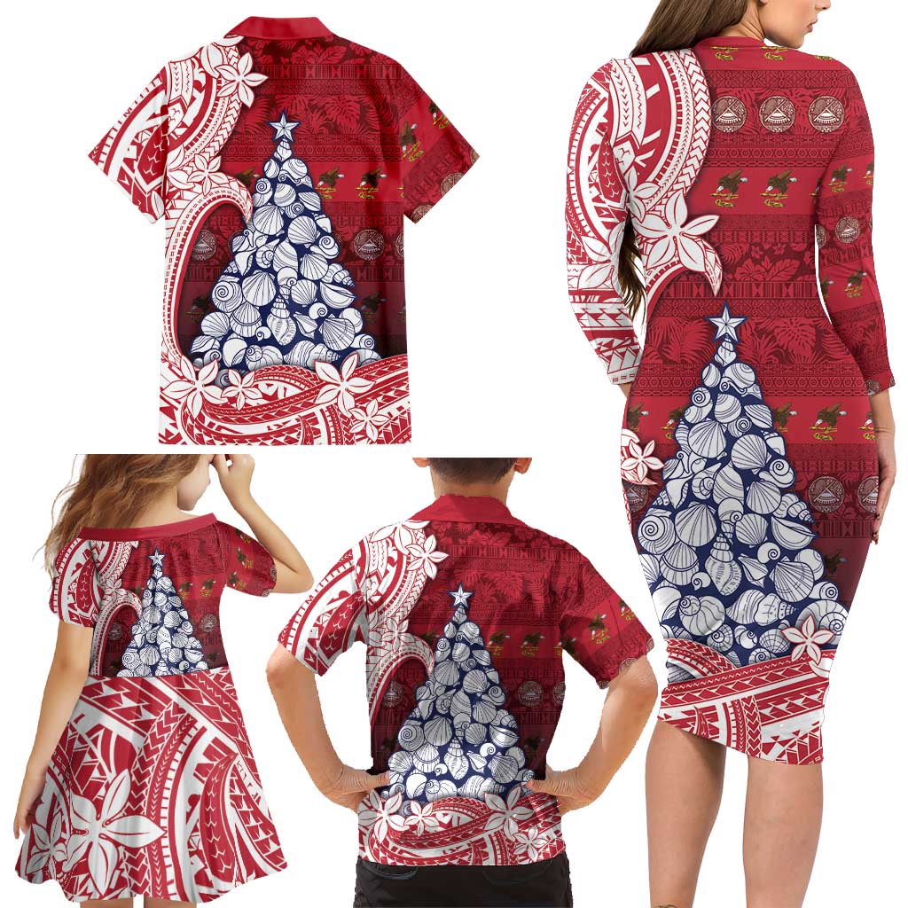 American Samoa Christmas Family Matching Long Sleeve Bodycon Dress and Hawaiian Shirt Seashell Xmas Tree Tribal Waves DT05 - Polynesian Pride