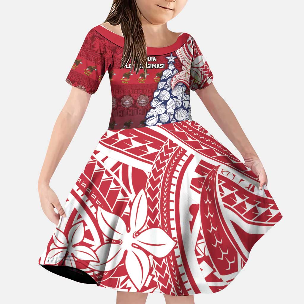 American Samoa Christmas Family Matching Mermaid Dress and Hawaiian Shirt Seashell Xmas Tree Tribal Waves DT05 Daughter's Dress Red - Polynesian Pride