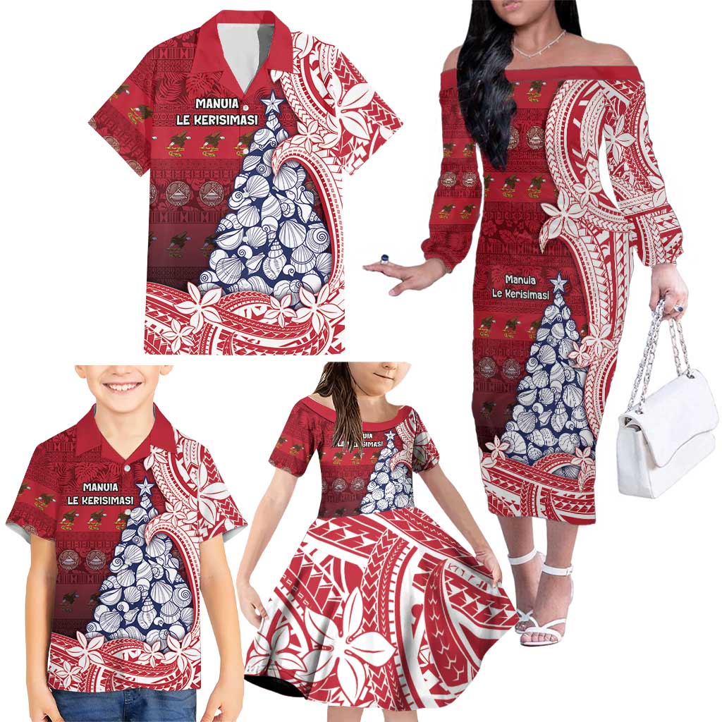 American Samoa Christmas Family Matching Off The Shoulder Long Sleeve Dress and Hawaiian Shirt Seashell Xmas Tree Tribal Waves DT05 - Polynesian Pride