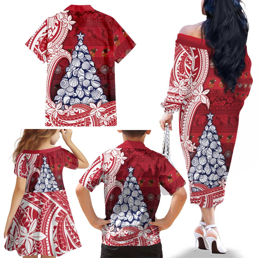 American Samoa Christmas Family Matching Off The Shoulder Long Sleeve Dress and Hawaiian Shirt Seashell Xmas Tree Tribal Waves DT05 - Polynesian Pride