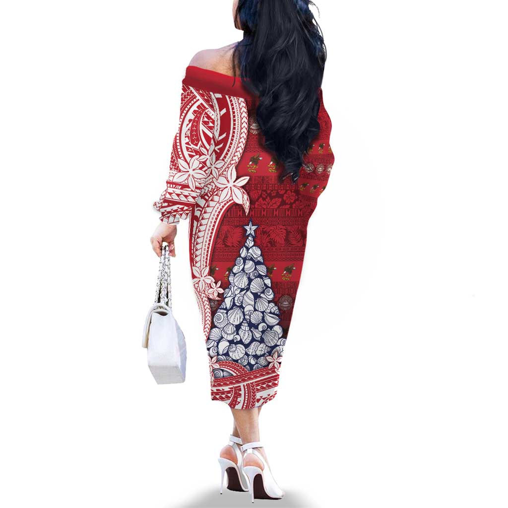 American Samoa Christmas Family Matching Off The Shoulder Long Sleeve Dress and Hawaiian Shirt Seashell Xmas Tree Tribal Waves DT05 - Polynesian Pride