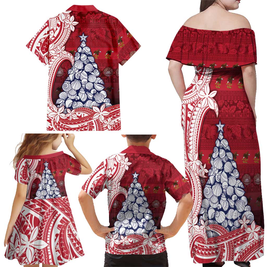 American Samoa Christmas Family Matching Off Shoulder Maxi Dress and Hawaiian Shirt Seashell Xmas Tree Tribal Waves DT05 - Polynesian Pride